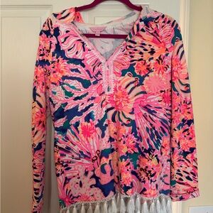 Lilly Pulitzer Pink and Navy top with hood and tassels.